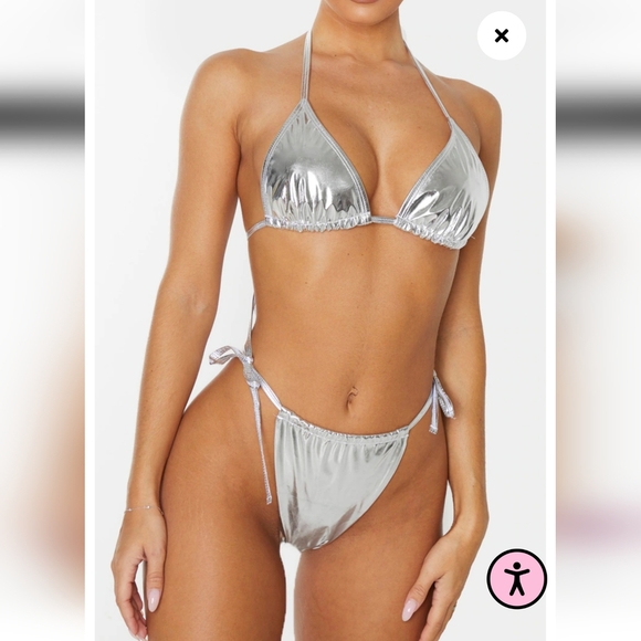 Pretty Little Thing Silver Vinyl Adjustable Tie Side Bikini NWT 0/10 - Picture 1 of 6